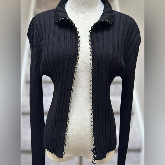 Vintage Y2K Belldini Black Ribbed Rhinestone Long Sleeve Zip Sweater Women’s XL - Picture 3 of 16